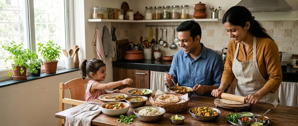 Indian family preparing fresh rotis and home-cooked meals together